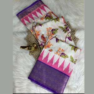 Half white colour Pochampally Printed Dola Silk Saree