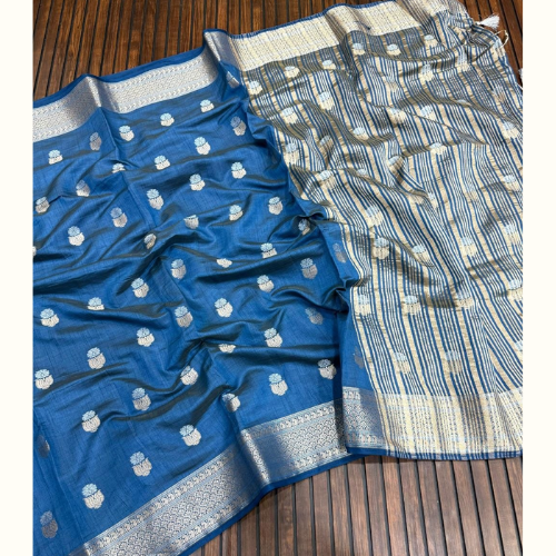 Firoji color Soft semi Tussar silk saree - Image 3