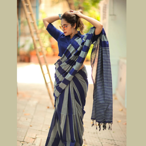 Blue color Khadi cotton saree - Image 3
