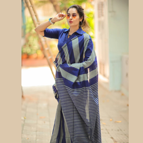 Blue color Khadi cotton saree - Image 4