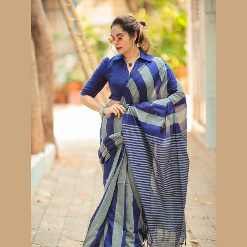 Blue color Khadi cotton saree - Image 5