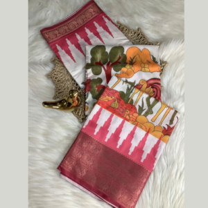 Half white colour Pochampally Printed Dola Silk Saree