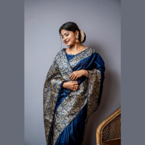 Navy Blue color Handloom raw silk saree