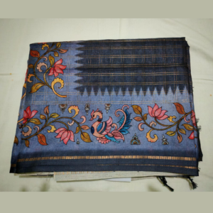 Greyish blue colour Semi Tussar Kalamkari Digital Printed Saree