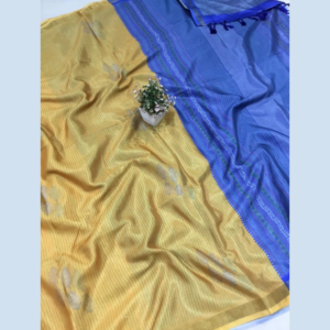 Yellow colour Fancy Mulmul Linen Silk saree