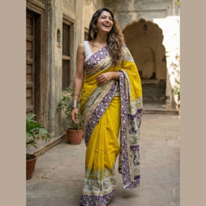 Yellow colour Mulmul cotton Saree